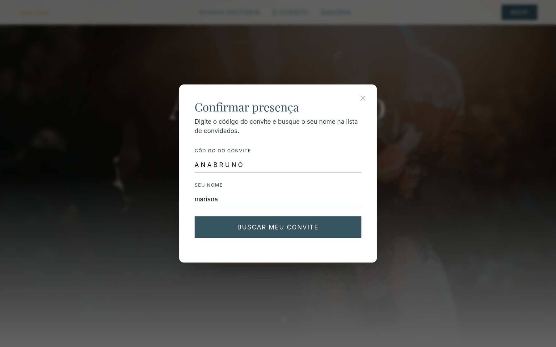 Convidado digitando o código do convite para buscar o nome